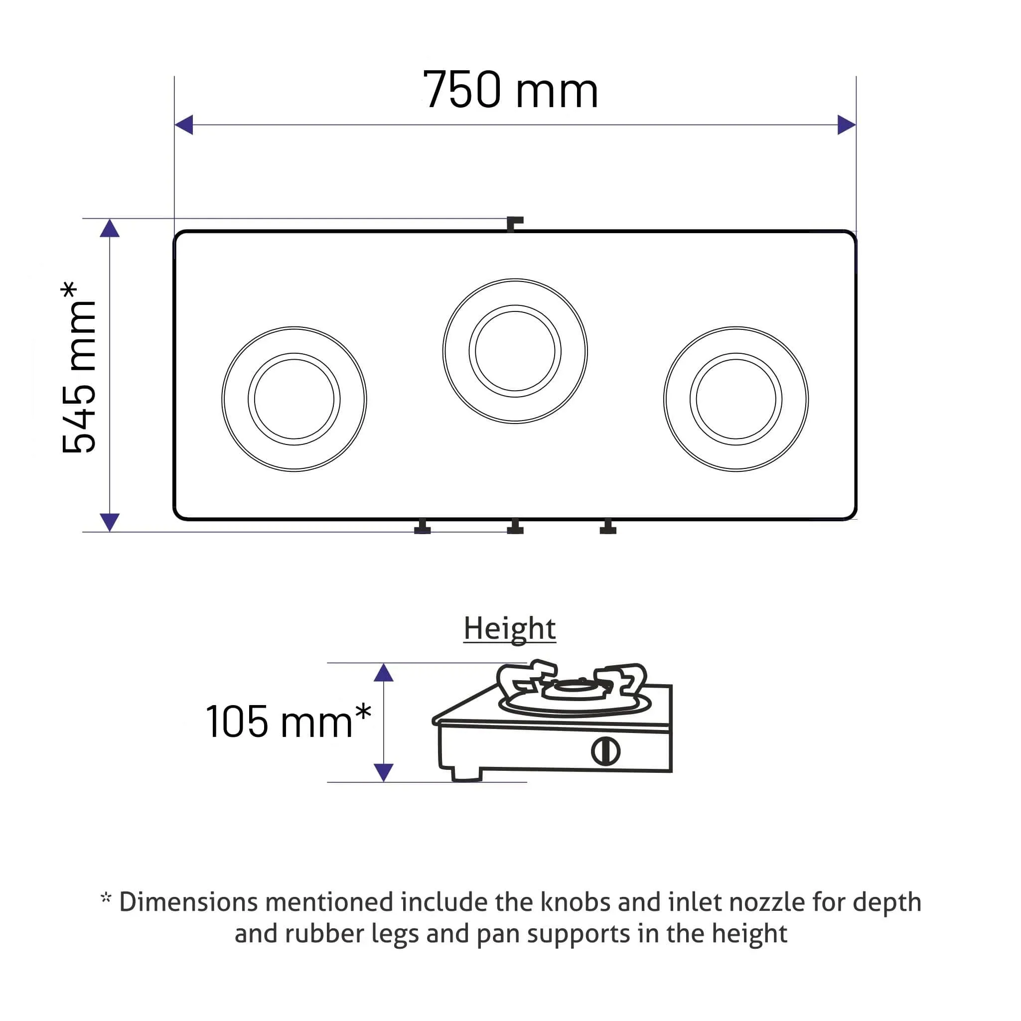 3 Burner Ultra Slim Free Standing Hob with Forged Brass Burners (BH1073USBL75)