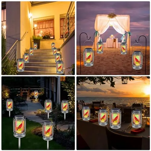 ANGMLN 2 Pack Red Bird Solar Lanterns , Adorable Cardinal Theme in Silver Glass Mason Jars, Memorial Gifts for Mom, Grandma, and Women, Fairy Garden Lights for Patio Yard Lawn Tree Party Outdoor Decor