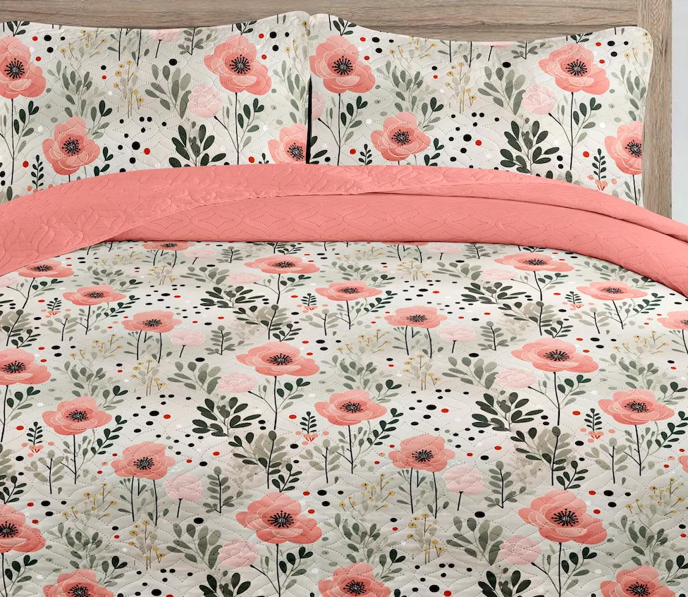 Bohemian Pink Grey Floral Printed Cotton Reversible Summer Lightweight Quilt Set