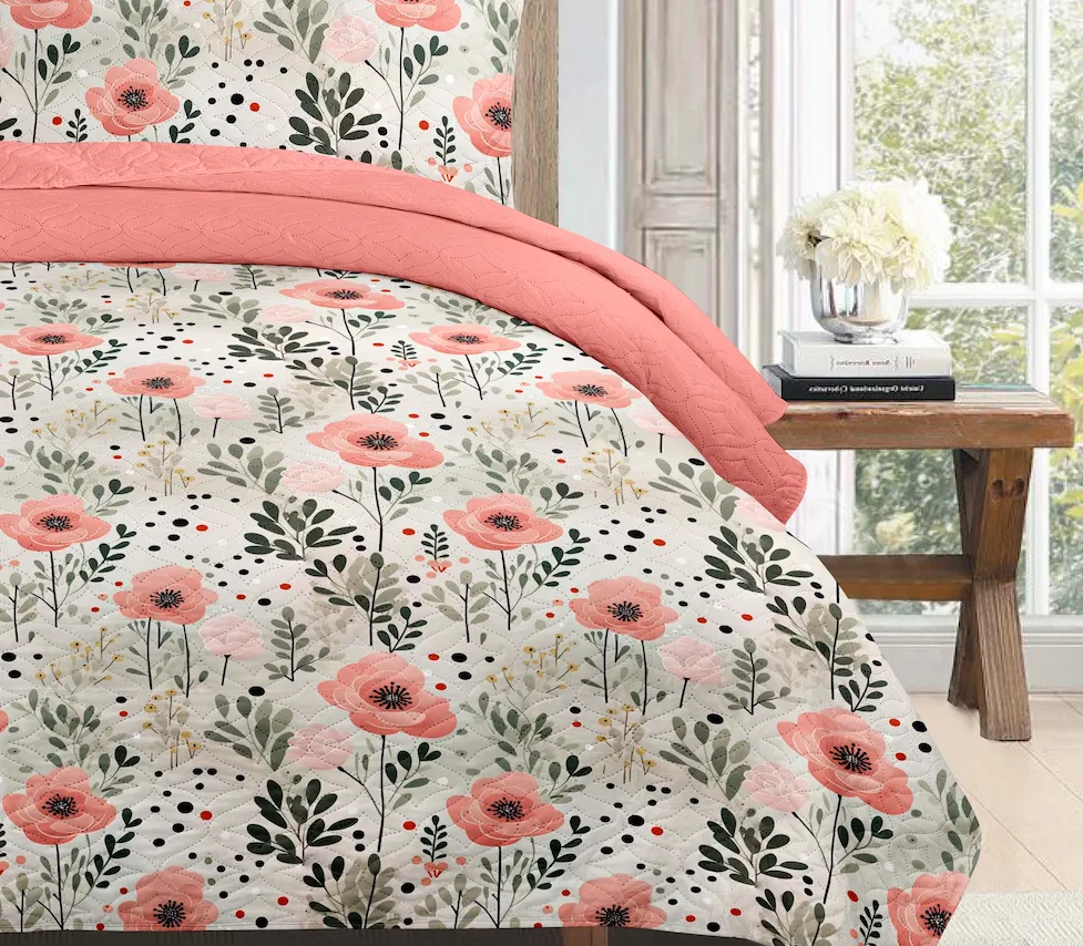 Bohemian Pink Grey Floral Printed Cotton Reversible Summer Lightweight Quilt Set