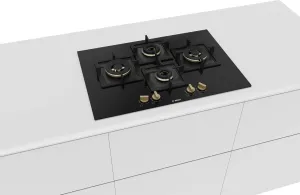 Bosch PNI7B6F20I Built in Gas Hob Black Tempered glass Glass 4 Burner Auto Ignition 75 cm True Brass 2D Ring Burners with Matt Black Heat Shields & Cast Iron pan supports