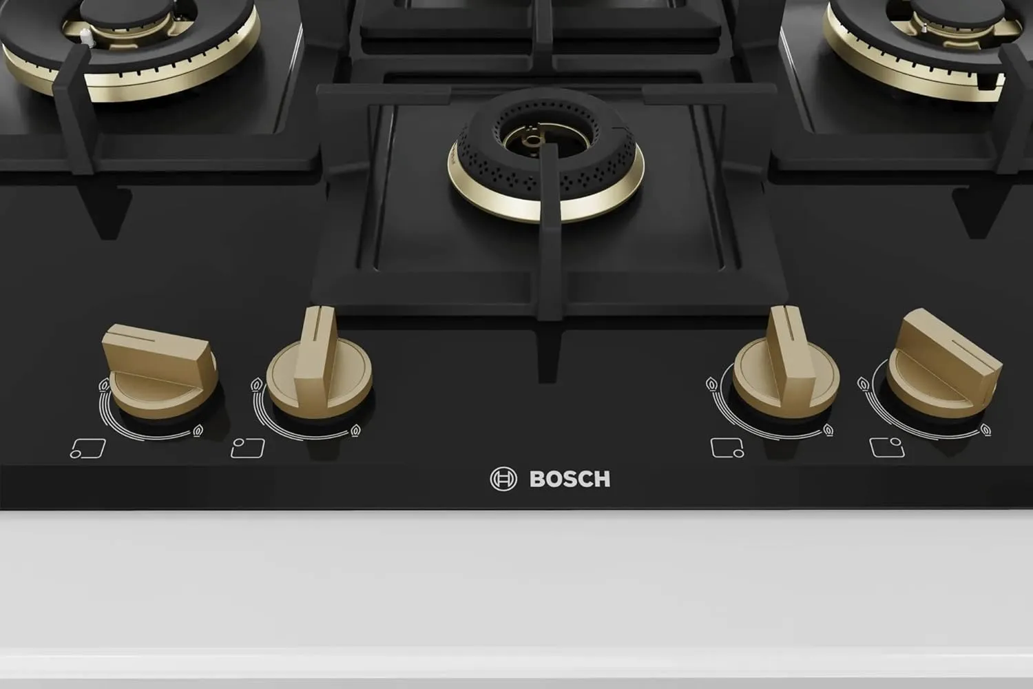 Bosch PNI7B6F20I Built in Gas Hob Black Tempered glass Glass 4 Burner Auto Ignition 75 cm True Brass 2D Ring Burners with Matt Black Heat Shields & Cast Iron pan supports