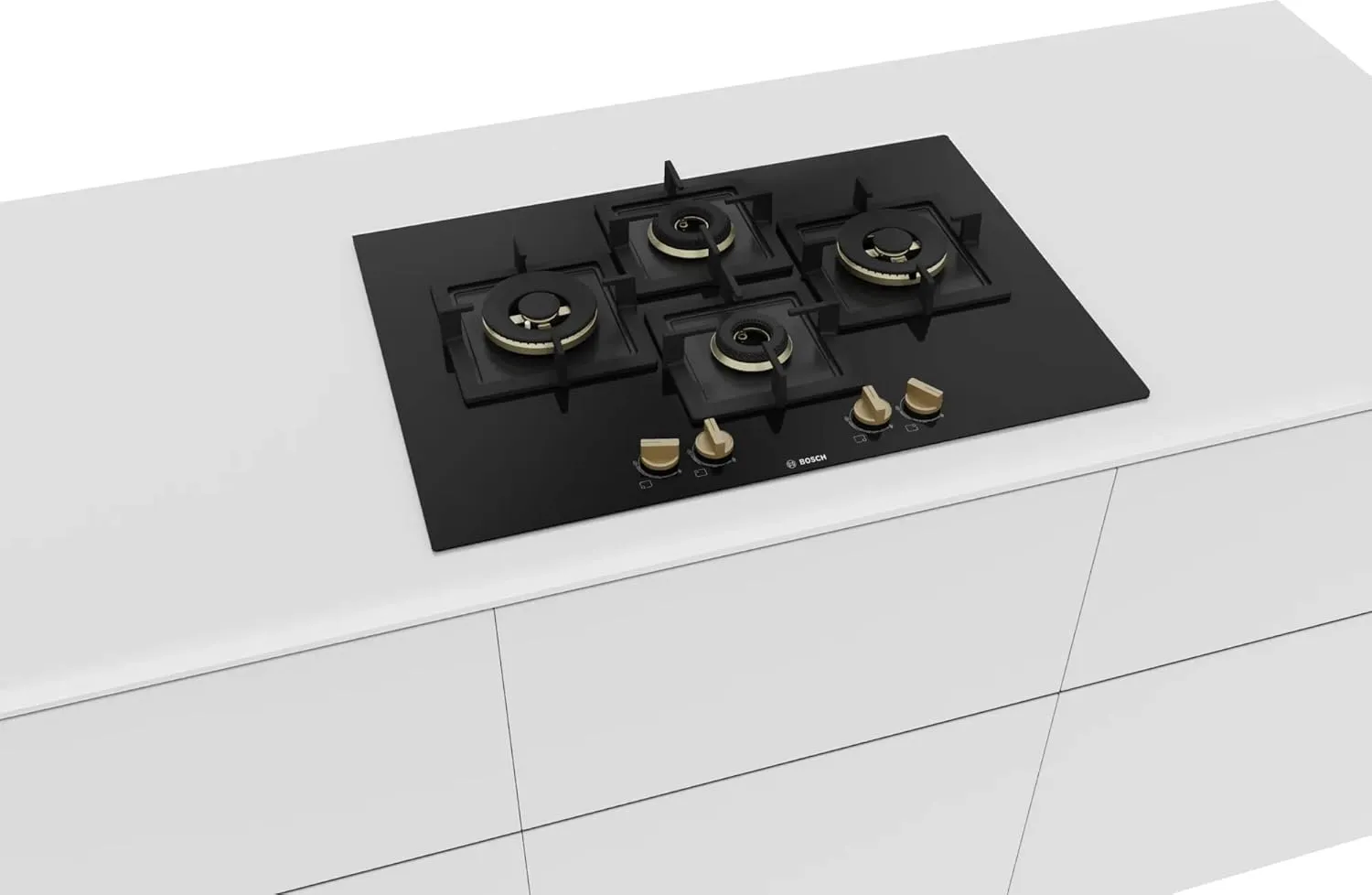 Bosch PNI7B6F20I Built in Gas Hob Black Tempered glass Glass 4 Burner Auto Ignition 75 cm True Brass 2D Ring Burners with Matt Black Heat Shields & Cast Iron pan supports