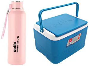 Cello Chiller Ice Packs, 8 litres, Blue & Cello Puro Steel-X Benz Stainless Steel Water Bottle with Inner Steel and Outer Plastic, 900 ml (Pink)