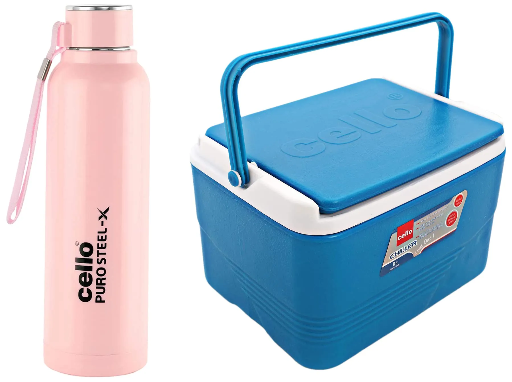 Cello Chiller Ice Packs, 8 litres, Blue & Cello Puro Steel-X Benz Stainless Steel Water Bottle with Inner Steel and Outer Plastic, 900 ml (Pink)