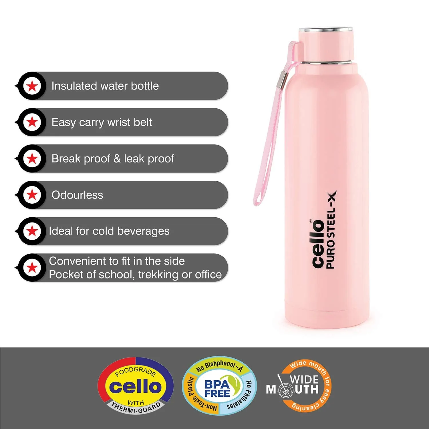 Cello Chiller Ice Packs, 8 litres, Blue & Cello Puro Steel-X Benz Stainless Steel Water Bottle with Inner Steel and Outer Plastic, 900 ml (Pink)