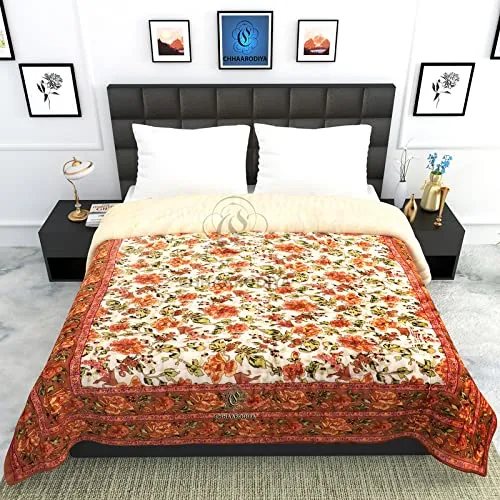 CHHAARODIYA Organic Cotton Jaipuri Razai Bed Blanket Ac Quilt for Winter and Summer Soft Light Weight Rajasthani Traditional Rajai Cotton Comforter, (Color -Beigee, Double Bed Quilt, Pack of 1)