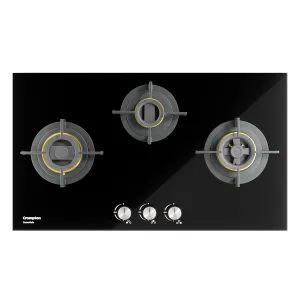 Crompton HOB-SSDC783-MBL SensoSafe 78 cm 3 Burners Built-in Gas Hob With High Efficiency Brass Burners, Auto-Ignition and 8 MM Toughened Glass ( Midnight Black)