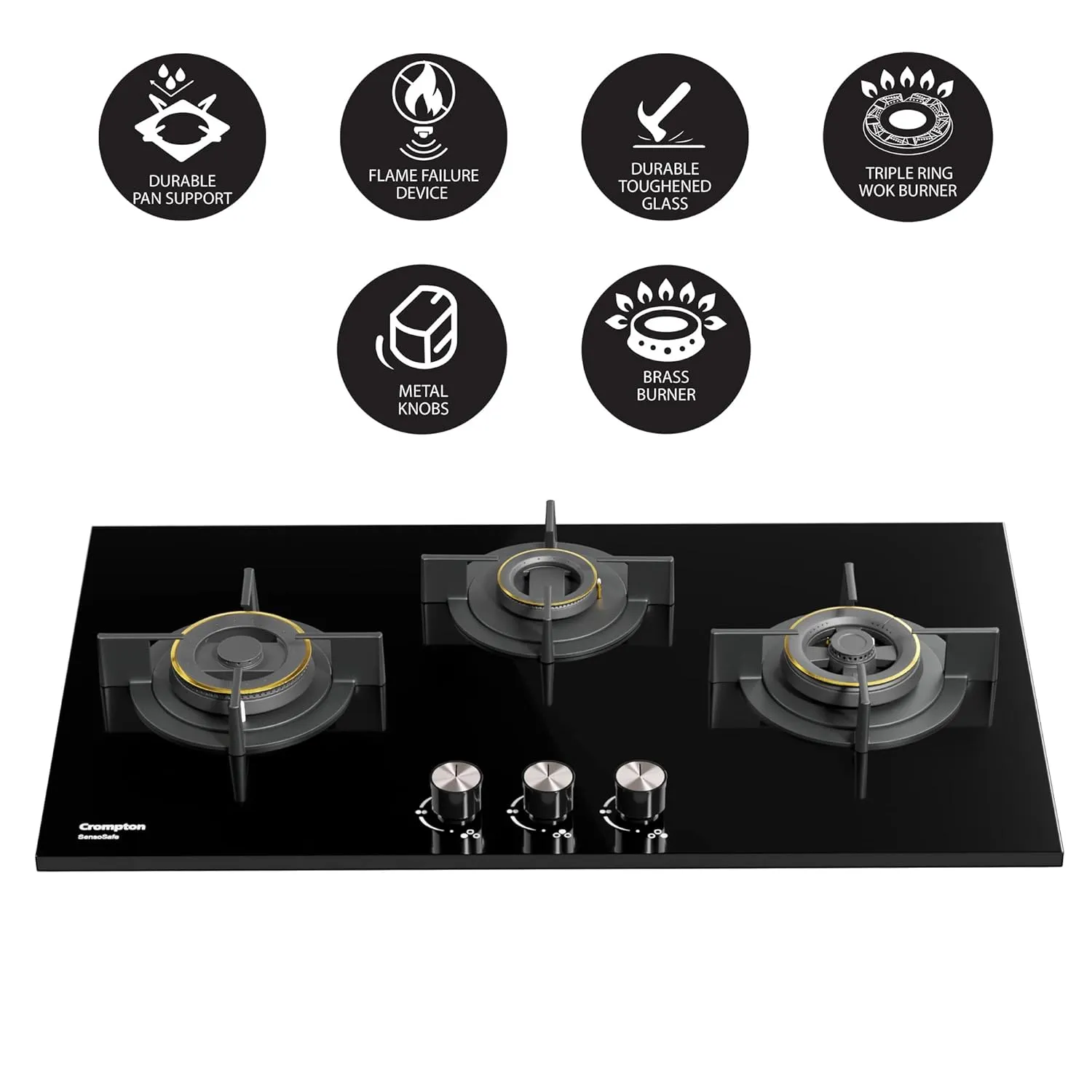 Crompton HOB-SSDC783-MBL SensoSafe 78 cm 3 Burners Built-in Gas Hob With High Efficiency Brass Burners, Auto-Ignition and 8 MM Toughened Glass ( Midnight Black)