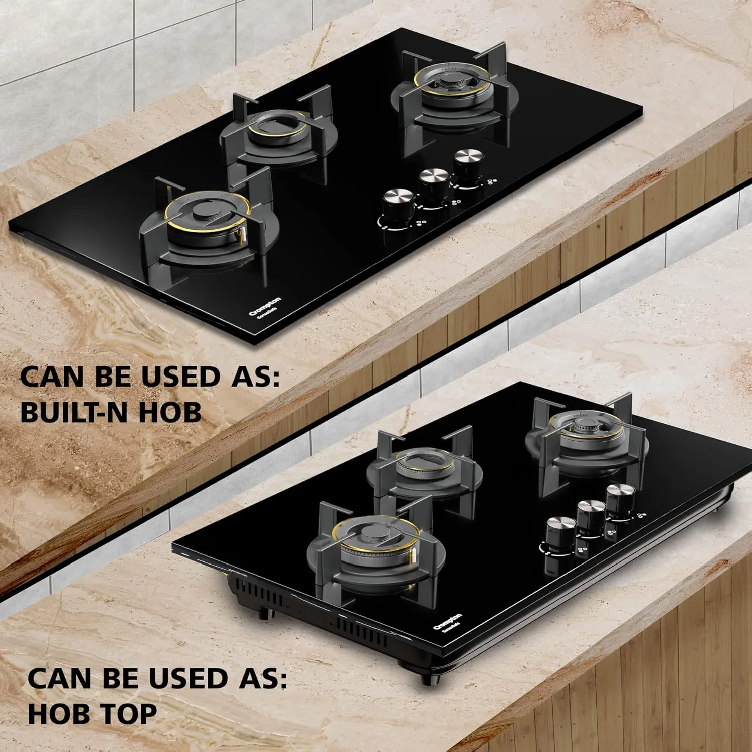 Crompton HOB-SSDC783-MBL SensoSafe 78 cm 3 Burners Built-in Gas Hob With High Efficiency Brass Burners, Auto-Ignition and 8 MM Toughened Glass ( Midnight Black)