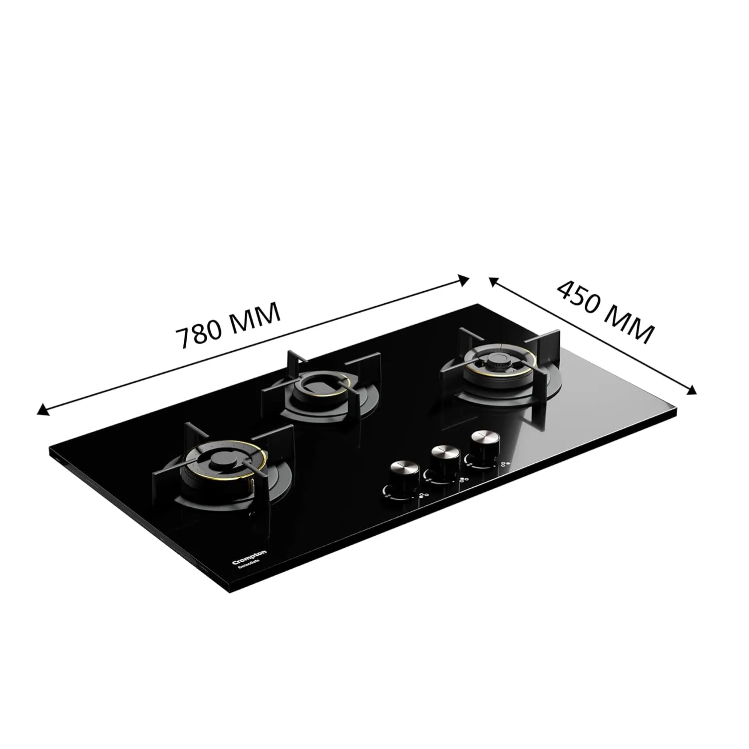 Crompton HOB-SSDC783-MBL SensoSafe 78 cm 3 Burners Built-in Gas Hob With High Efficiency Brass Burners, Auto-Ignition and 8 MM Toughened Glass ( Midnight Black)