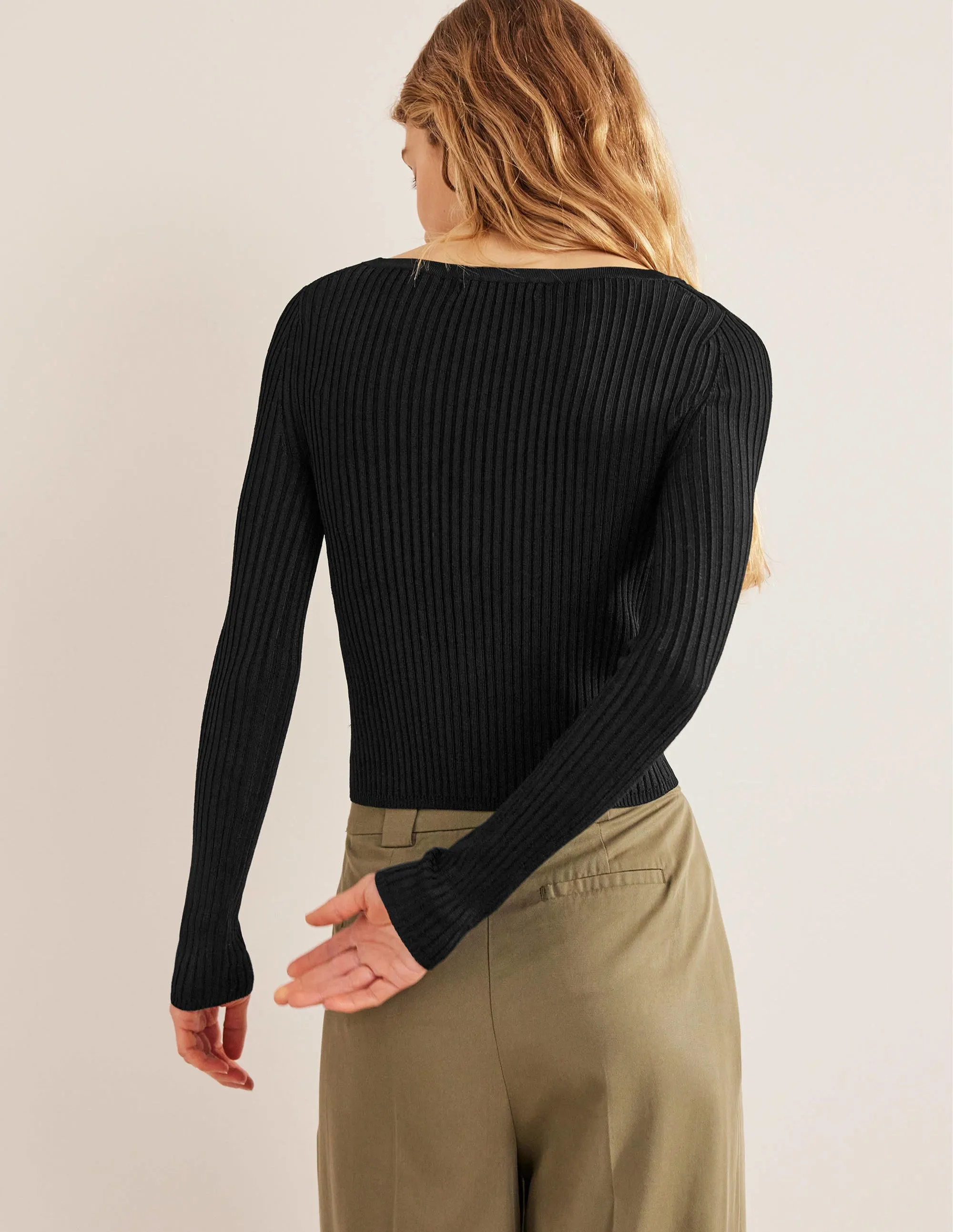 Cropped Wide Neck Rib Cardigan-Black