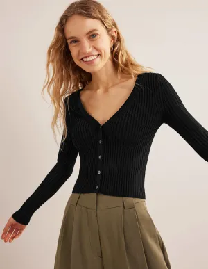 Cropped Wide Neck Rib Cardigan-Black