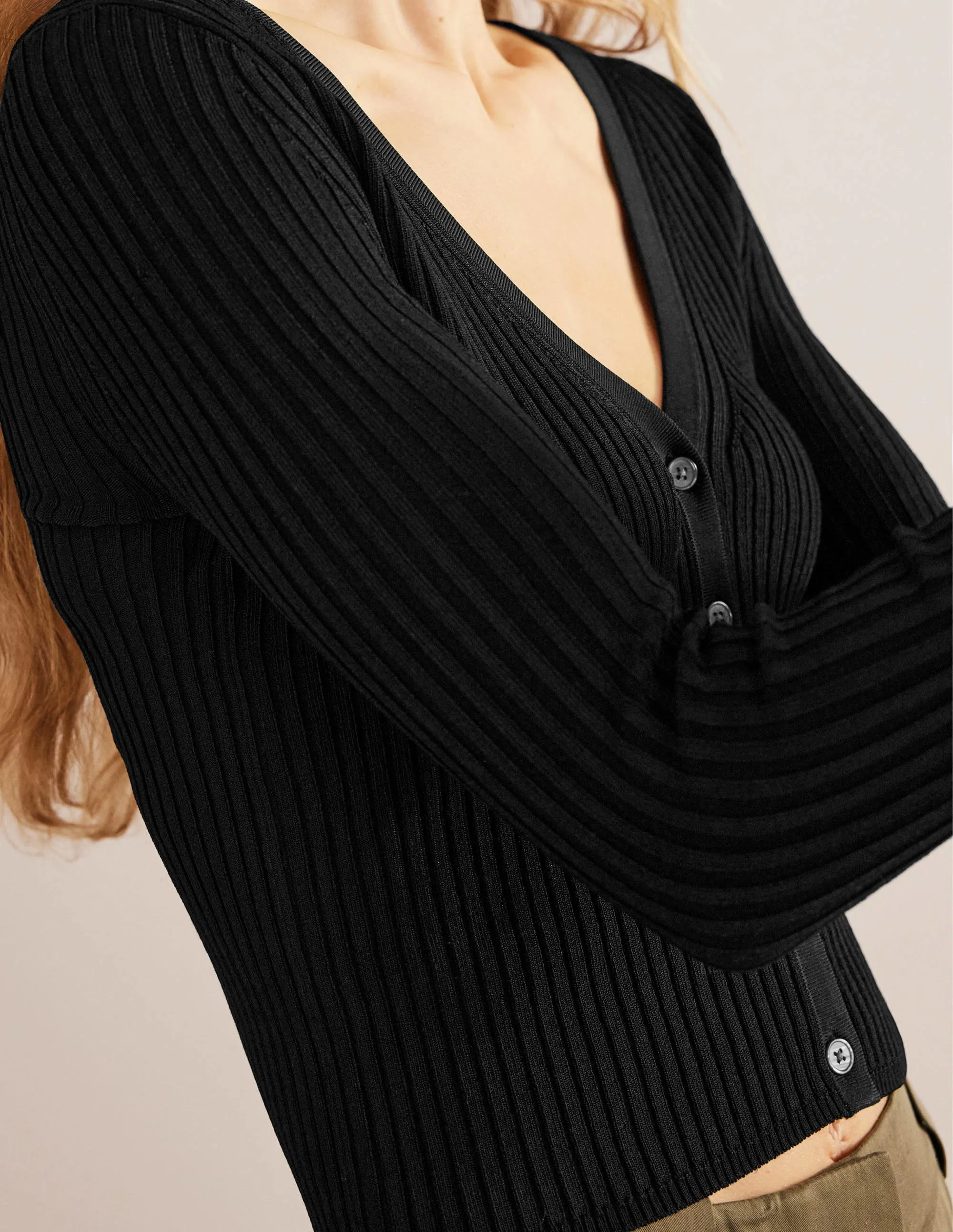 Cropped Wide Neck Rib Cardigan-Black