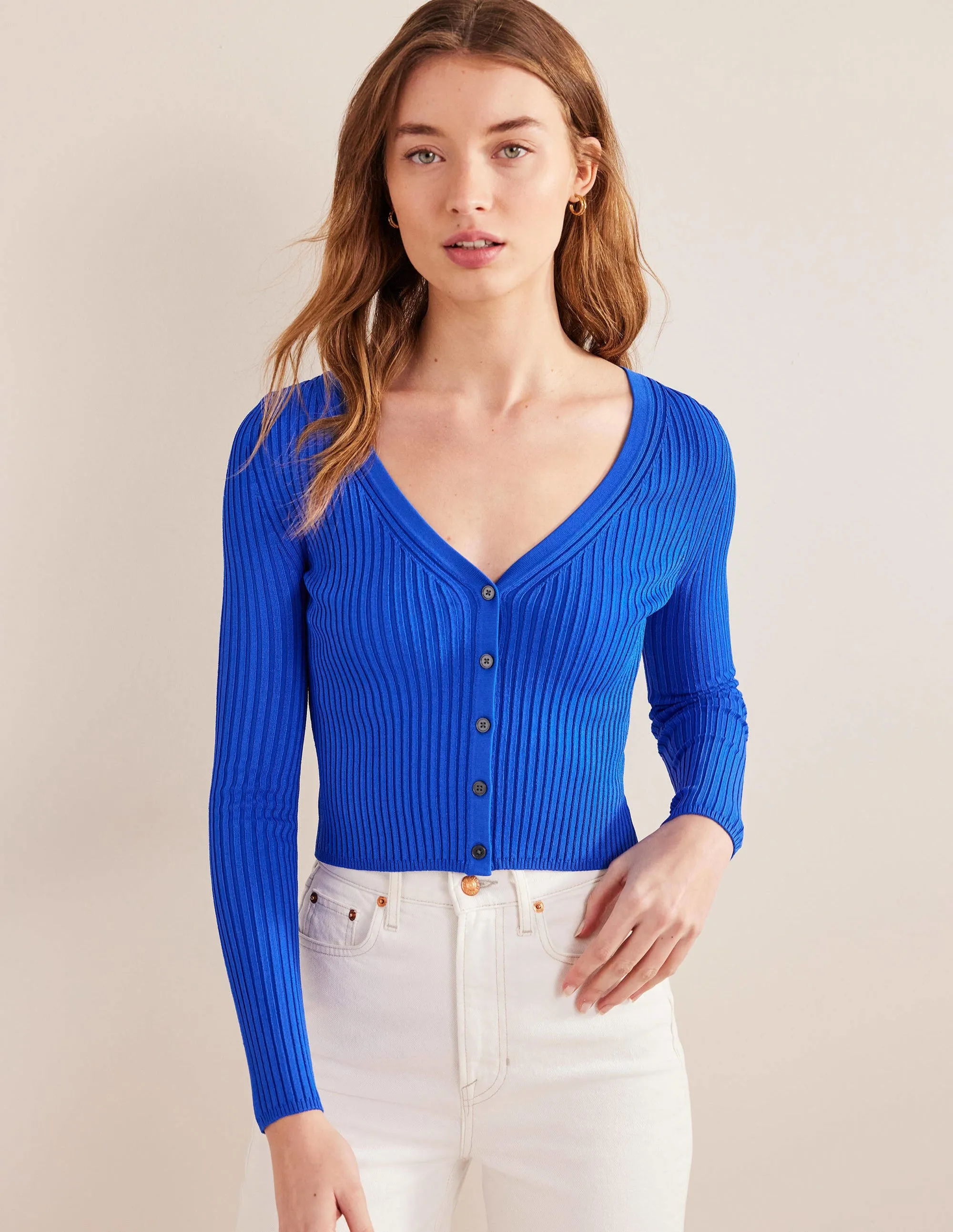 Cropped Wide Neck Rib Cardigan-Blue Heron