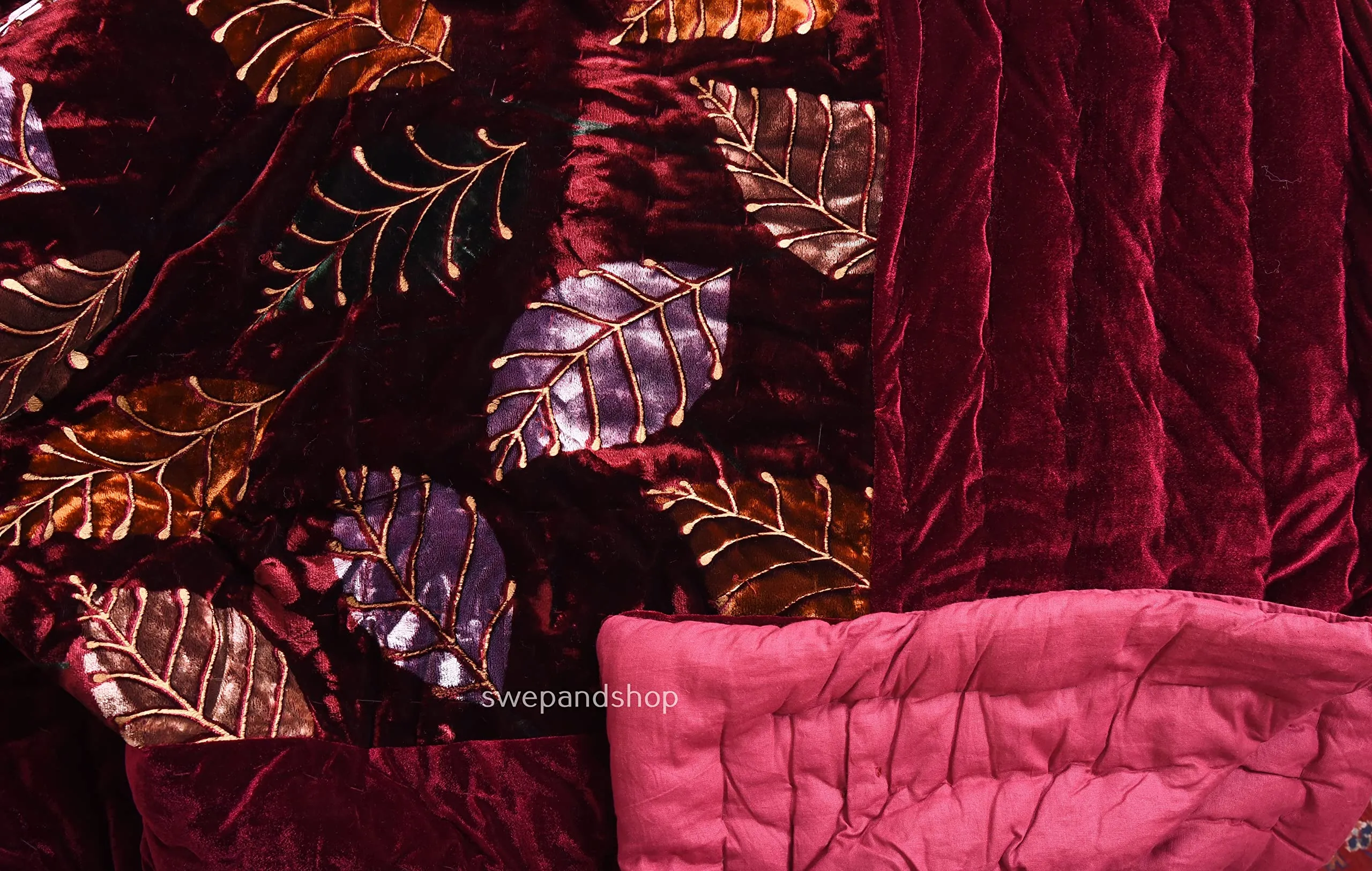 FABDESIGN QUILTS 400 TC Organic Pure Cotton Bombay Velvet Leaf Printed Razai Double Bed Size Jaipuri Quilt Rajai - (90X105) Maroon, lightweight, Pack of 1