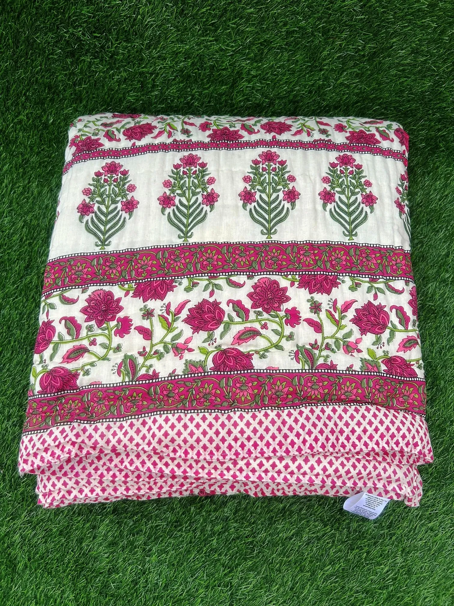 Hand-Stitched Lightweight Pure Cotton Jaipuri Quilt - Double Bed Size (88X105) Pink-Green