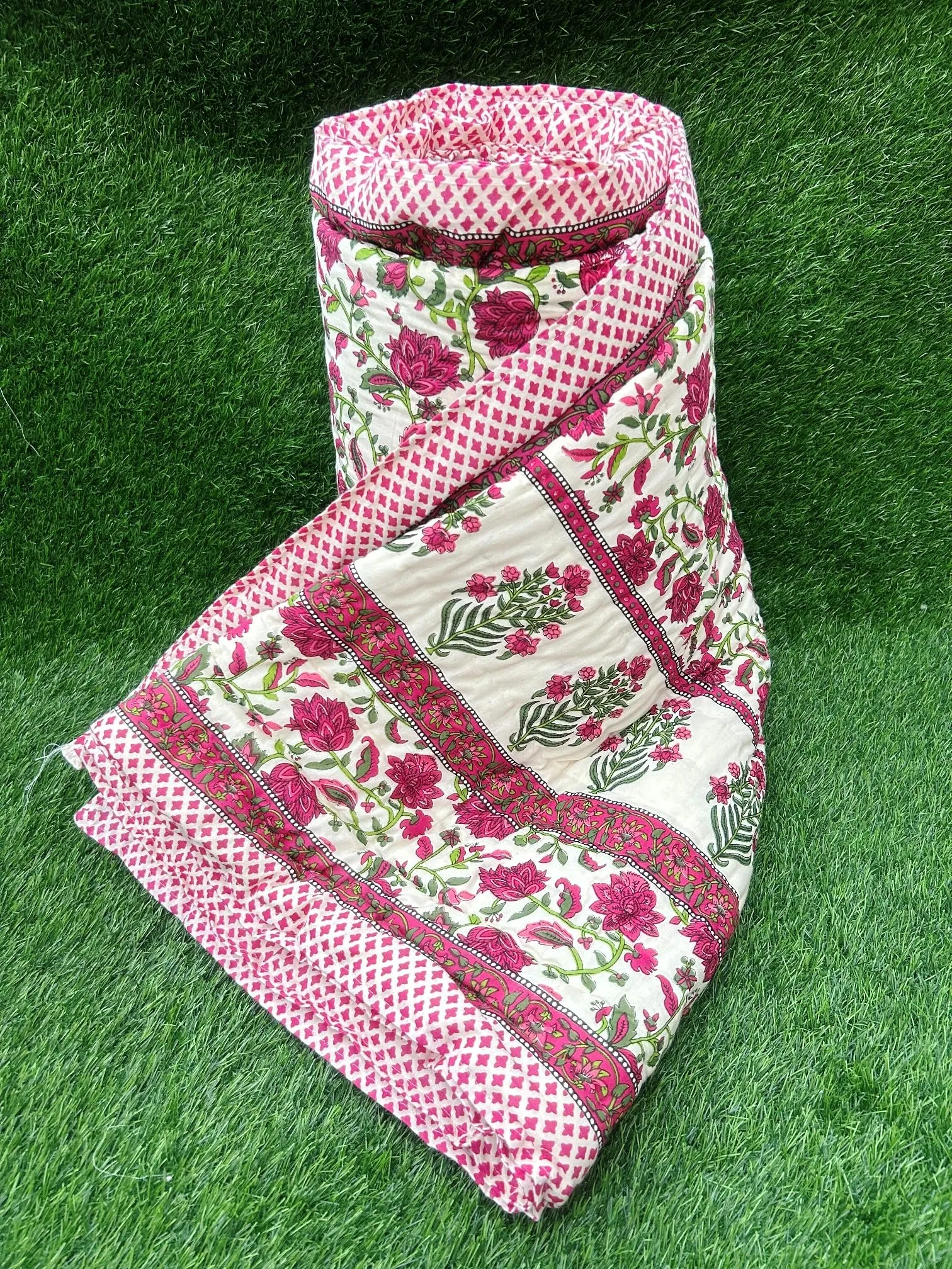 Hand-Stitched Lightweight Pure Cotton Jaipuri Quilt - Double Bed Size (88X105) Pink-Green