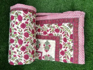 Hand-Stitched Lightweight Pure Cotton Jaipuri Quilt - Double Bed Size (88X105) Pink-Green