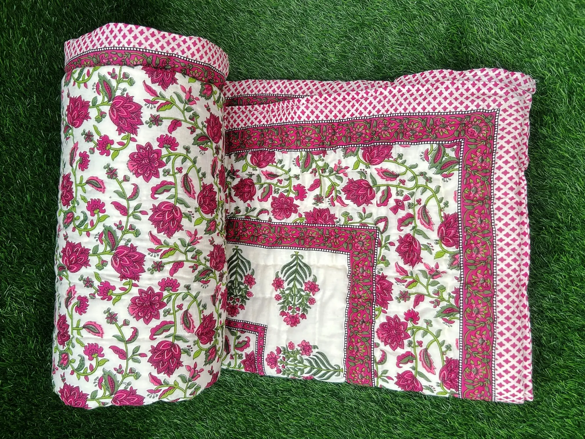 Hand-Stitched Lightweight Pure Cotton Jaipuri Quilt - Double Bed Size (88X105) Pink-Green