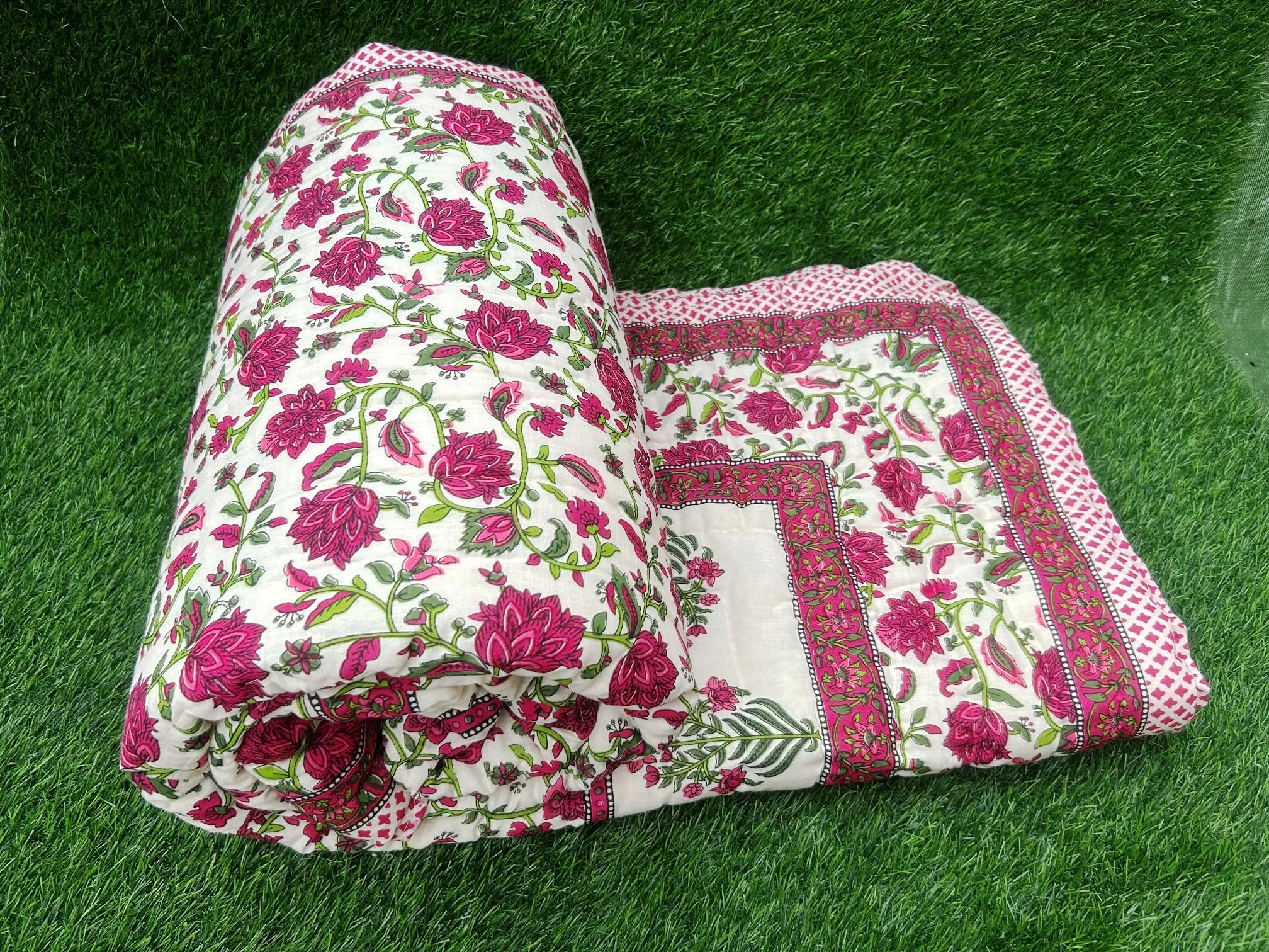 Hand-Stitched Lightweight Pure Cotton Jaipuri Quilt - Double Bed Size (88X105) Pink-Green