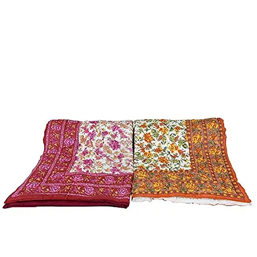 fashhub Rajasthani Jaipuri Pure Organic Cotton Floral Printed Skin Friendly Single Bed AC Room's Blanket Jaipuri Razai/Rajai/Quilt/Blanket/Dohar (Beige/Pink) (Pack of-2)