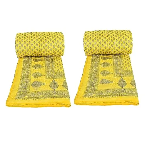 fashhub Traditional Single Bed Soft Gold Block Silk Print Light Weight Pure Cotton Jaipuri AC Quilt/Razai Yellow, Single (55 x 85) (Set of 2)