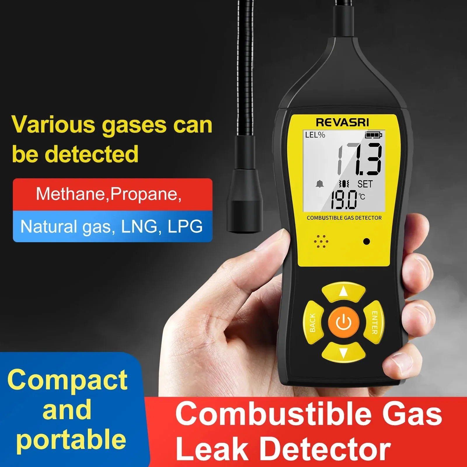 Gas Leak Detector Lel 0 100% 0 19999ppm Combustible Gas Detector