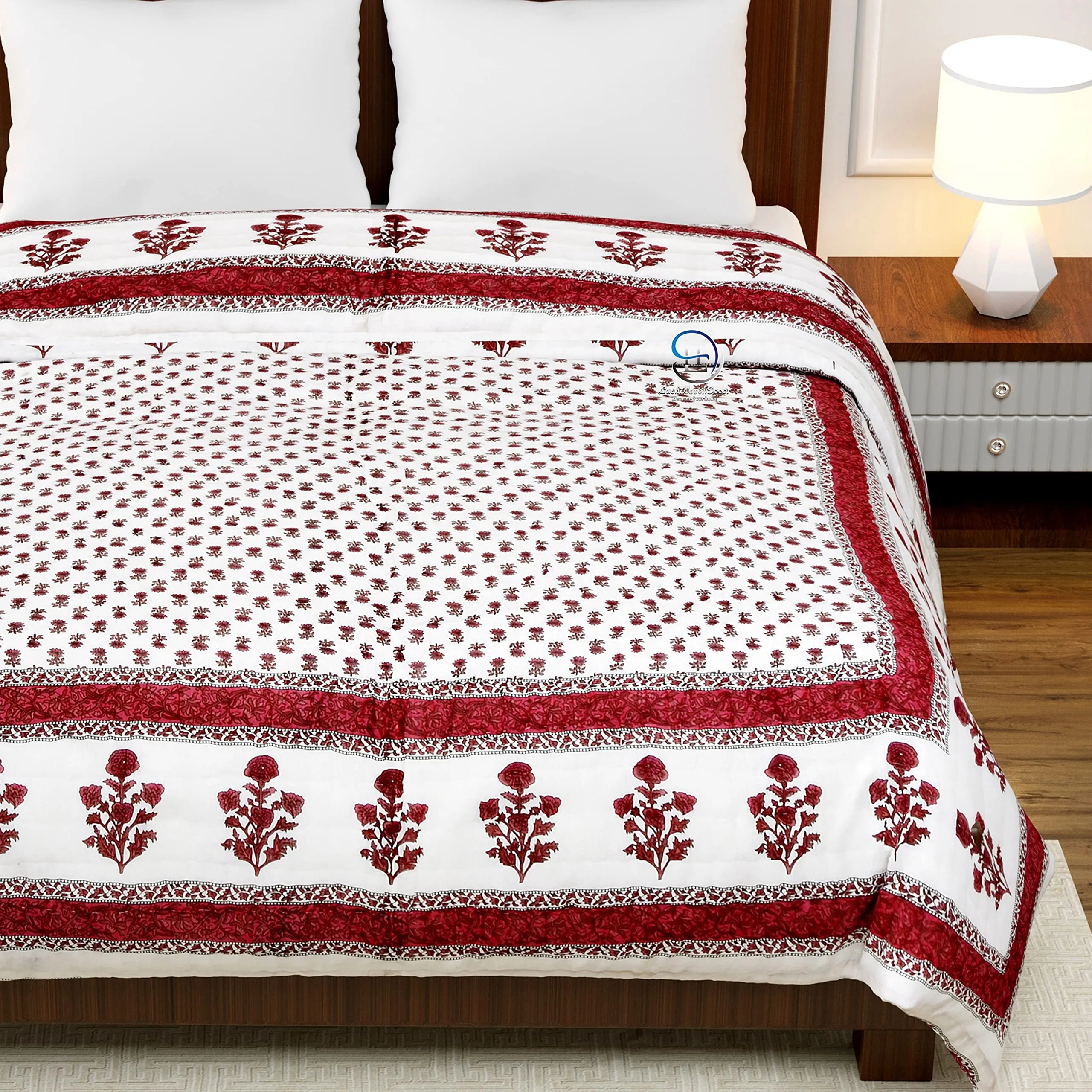 HASHIREX 210 TC Double Bed Jaipuri Razai Reversible Cotton Blanket Ac Quilt Soft Light Weight Rajasthani Traditional Cotton Comforter Rajai 85 x 100 inch, Maroon