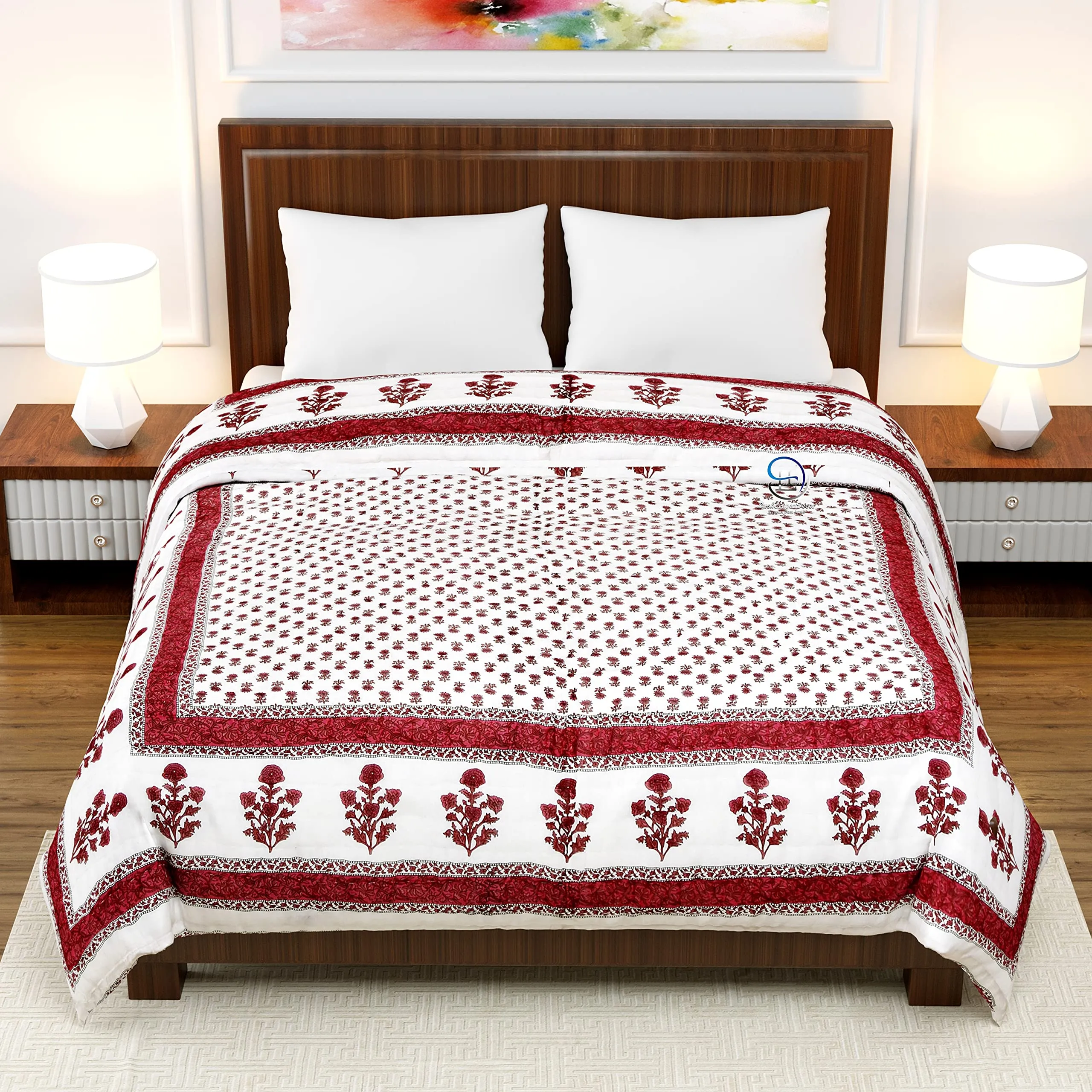 HASHIREX 210 TC Double Bed Jaipuri Razai Reversible Cotton Blanket Ac Quilt Soft Light Weight Rajasthani Traditional Cotton Comforter Rajai 85 x 100 inch, Maroon