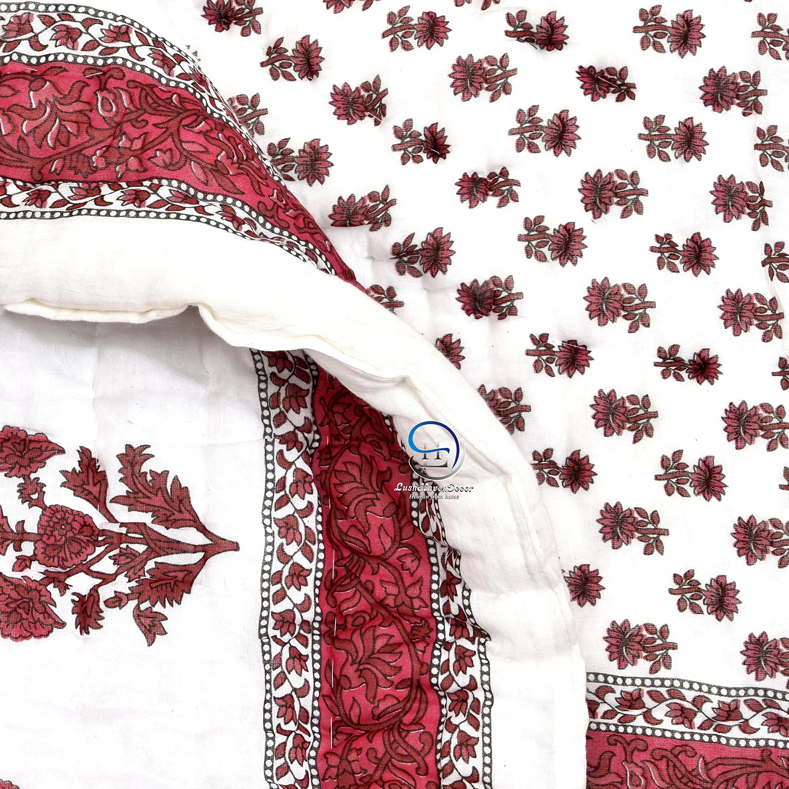 HASHIREX 210 TC Double Bed Jaipuri Razai Reversible Cotton Blanket Ac Quilt Soft Light Weight Rajasthani Traditional Cotton Comforter Rajai 85 x 100 inch, Maroon