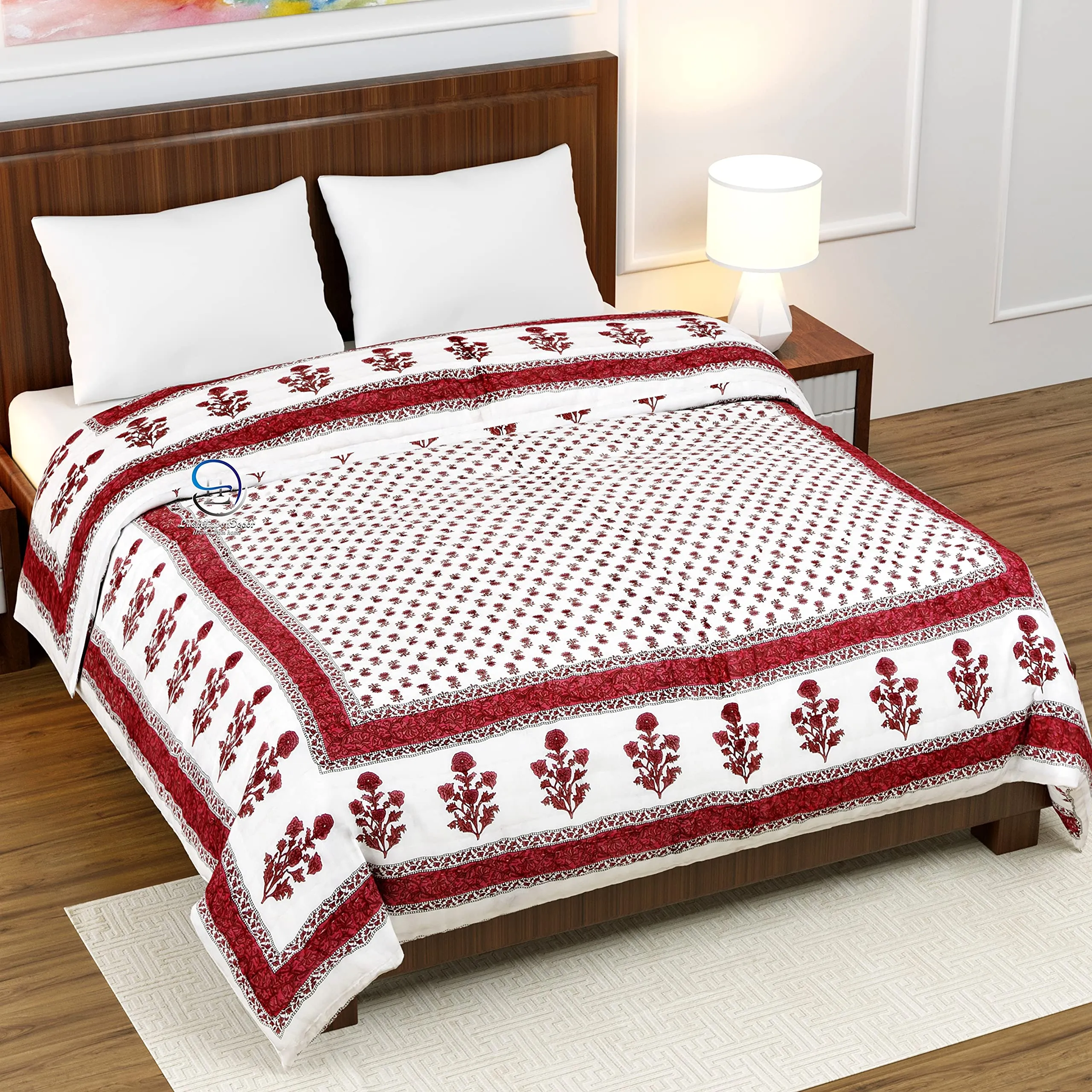 HASHIREX 210 TC Double Bed Jaipuri Razai Reversible Cotton Blanket Ac Quilt Soft Light Weight Rajasthani Traditional Cotton Comforter Rajai 85 x 100 inch, Maroon
