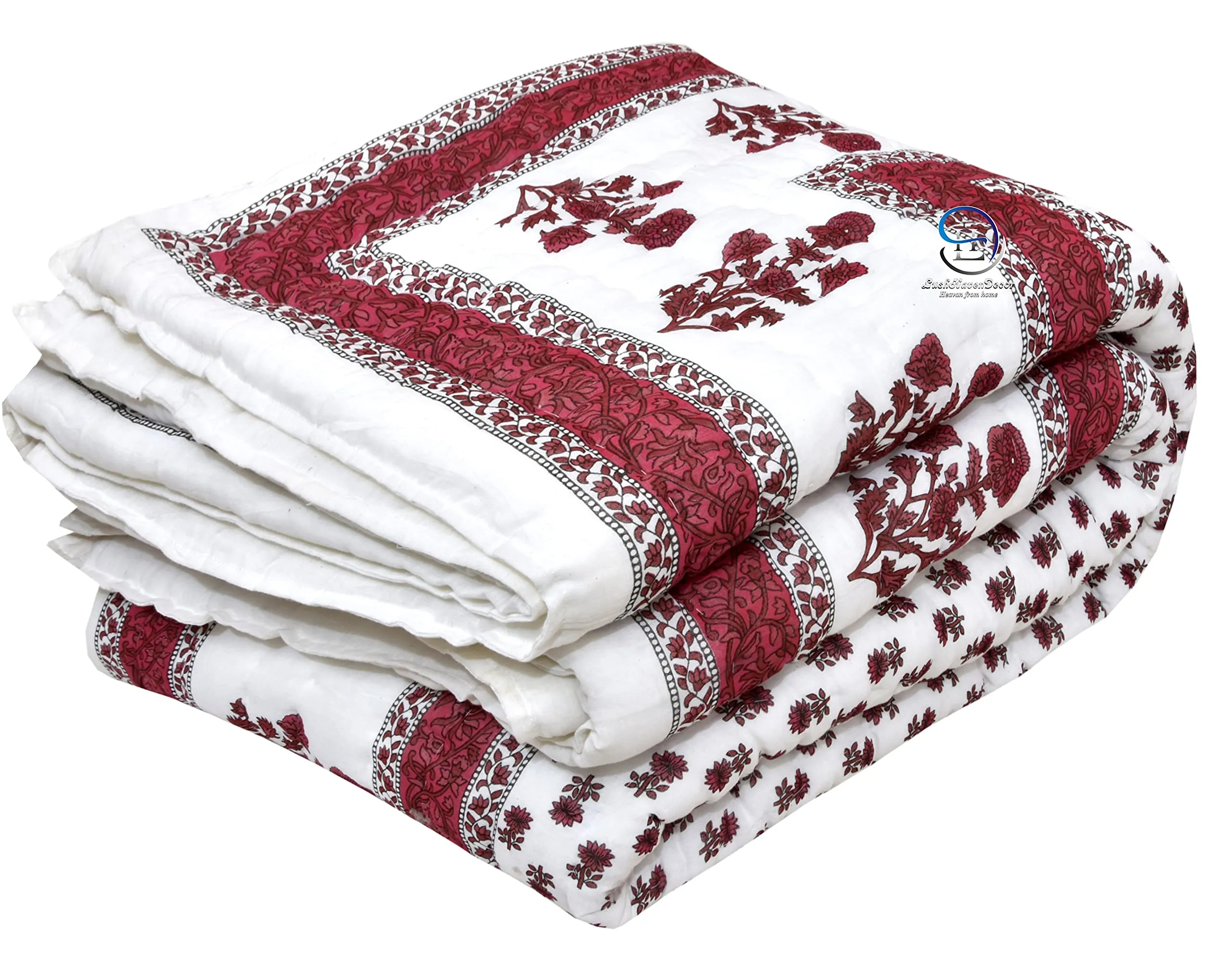 HASHIREX 210 TC Double Bed Jaipuri Razai Reversible Cotton Blanket Ac Quilt Soft Light Weight Rajasthani Traditional Cotton Comforter Rajai 85 x 100 inch, Maroon