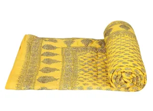 Hopee Shop Rajasthani Traditional Light Weight Yellow Color Pure Cotton Single Bed Soft Gold Print Jaipuri AC Quilt/Razai (Size 55X85 inches)