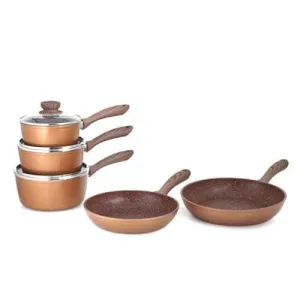 JML Copper Stone Pans, 3 non-stick durable sauce pans with matching lids and two Frying Pans