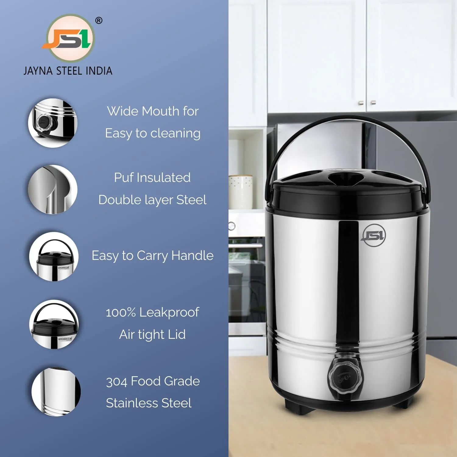 JSI Insulated Water Jug/Camper 5 Liter for Office Home Kitchen I Summer Edition Aqua Series Water Containers I PUF Insulated Hot & Cold Upto 4-5 Hours I Food Grade Quality Stainless Steel Body