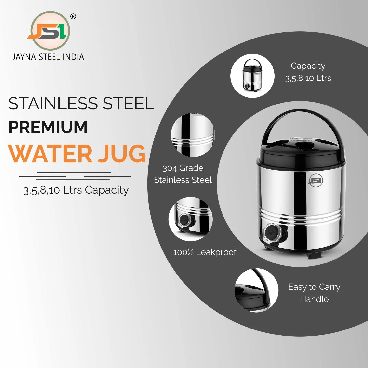 JSI Insulated Water Jug/Camper 5 Liter for Office Home Kitchen I Summer Edition Aqua Series Water Containers I PUF Insulated Hot & Cold Upto 4-5 Hours I Food Grade Quality Stainless Steel Body