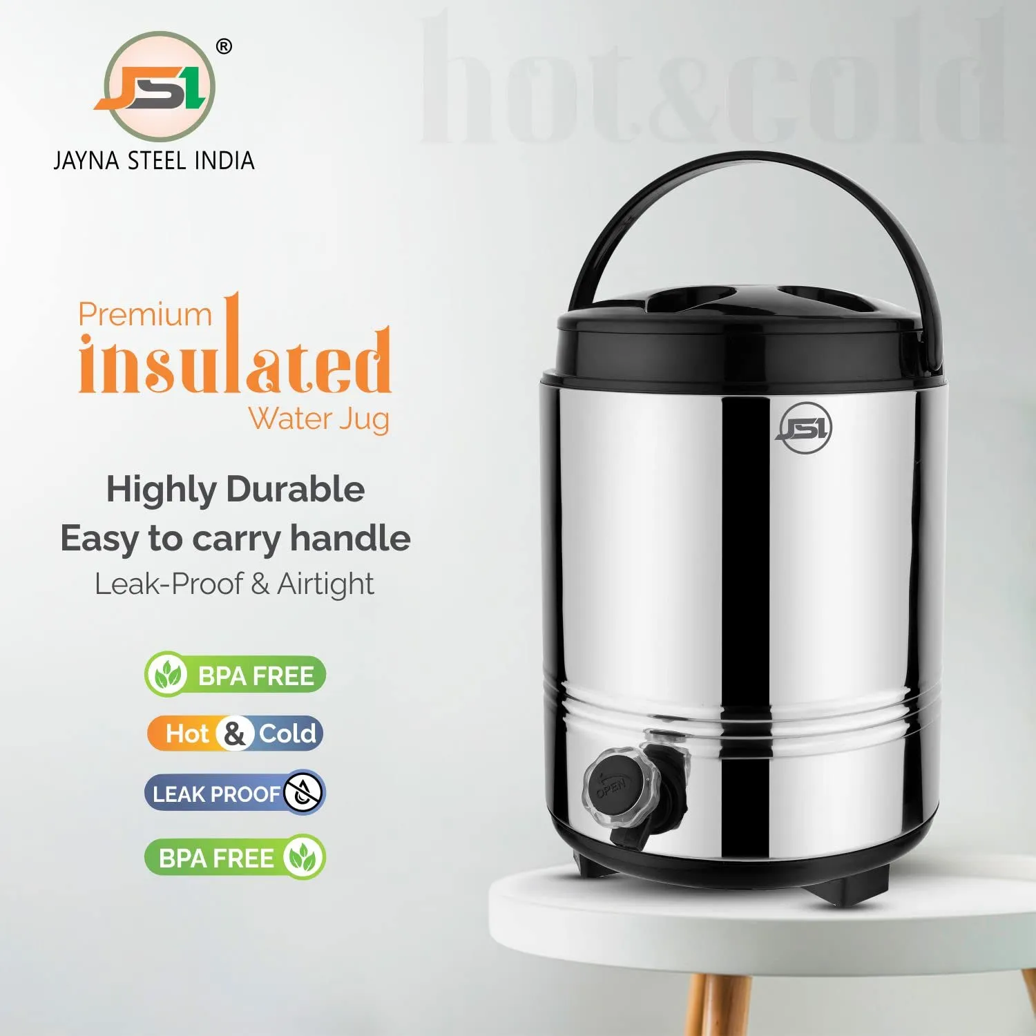 JSI Insulated Water Jug/Camper 5 Liter for Office Home Kitchen I Summer Edition Aqua Series Water Containers I PUF Insulated Hot & Cold Upto 4-5 Hours I Food Grade Quality Stainless Steel Body