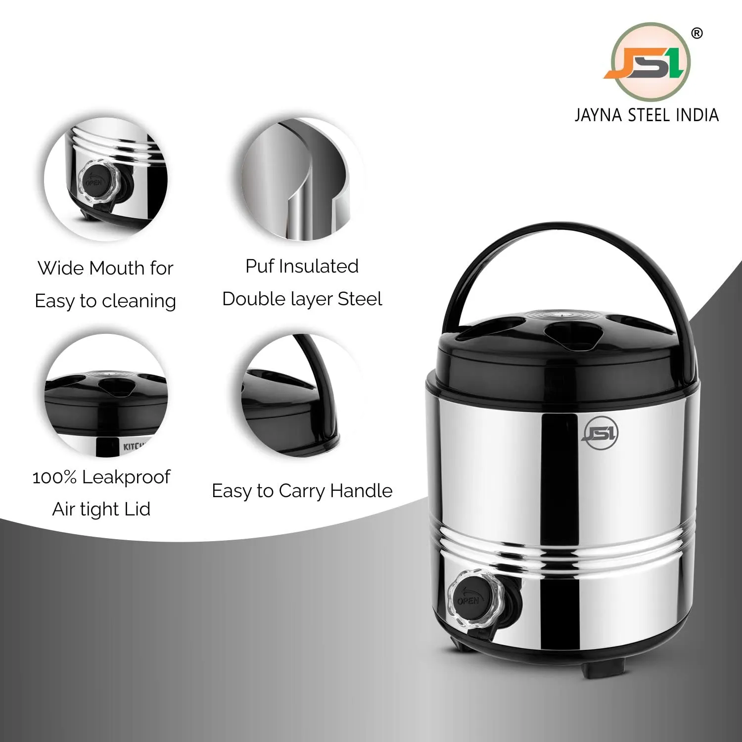 JSI Insulated Water Jug/Camper 5 Liter for Office Home Kitchen I Summer Edition Aqua Series Water Containers I PUF Insulated Hot & Cold Upto 4-5 Hours I Food Grade Quality Stainless Steel Body