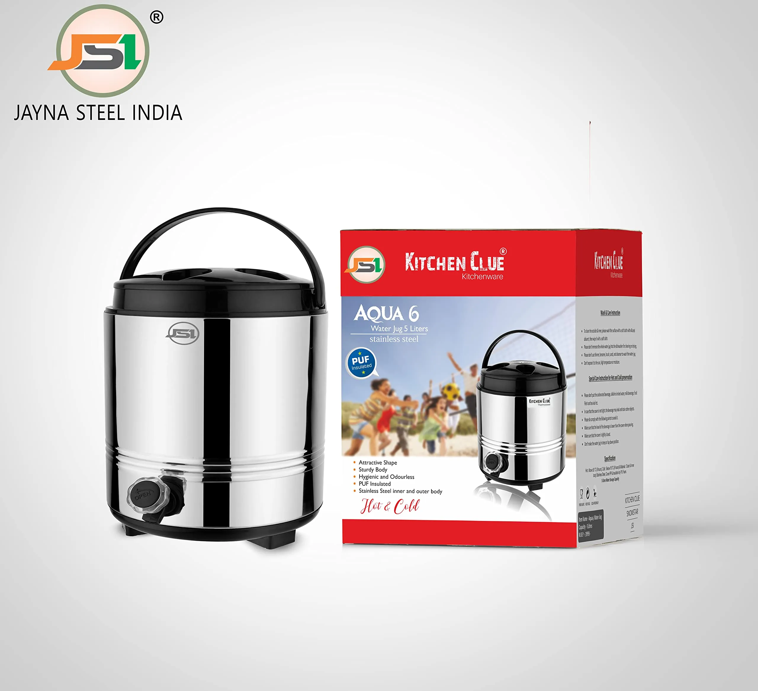 JSI Insulated Water Jug/Camper 5 Liter for Office Home Kitchen I Summer Edition Aqua Series Water Containers I PUF Insulated Hot & Cold Upto 4-5 Hours I Food Grade Quality Stainless Steel Body