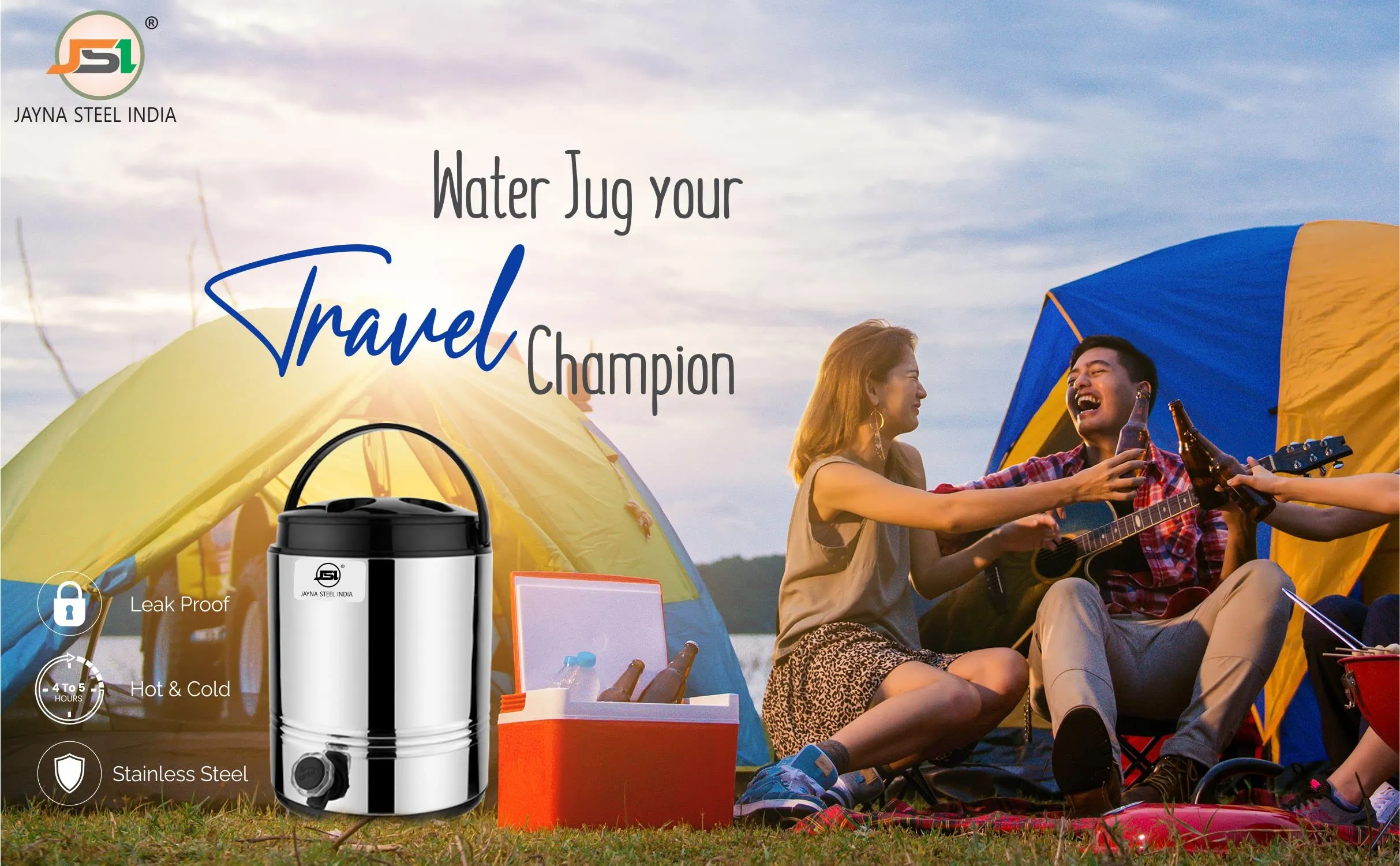 JSI PUF Insulated Hot and Cold Water/Tea/Coffee Jug/Containers with Leak-Proof Tap I Exclusive Travel Water Camper for Office Home Kitchen I Stainless Steel Body with Carry Handle (10 Liters)