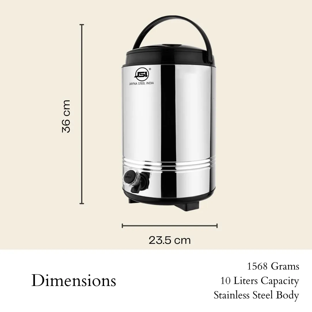 JSI PUF Insulated Water Jug/Container with Easy to Carry Handle (10 Liter, Silver-Black) Hot and Cold Upto 4 to 5 Hrs - Double Walled Steel & 100% Food Safe - Highly Durable & Sturdy Base - BPA Free