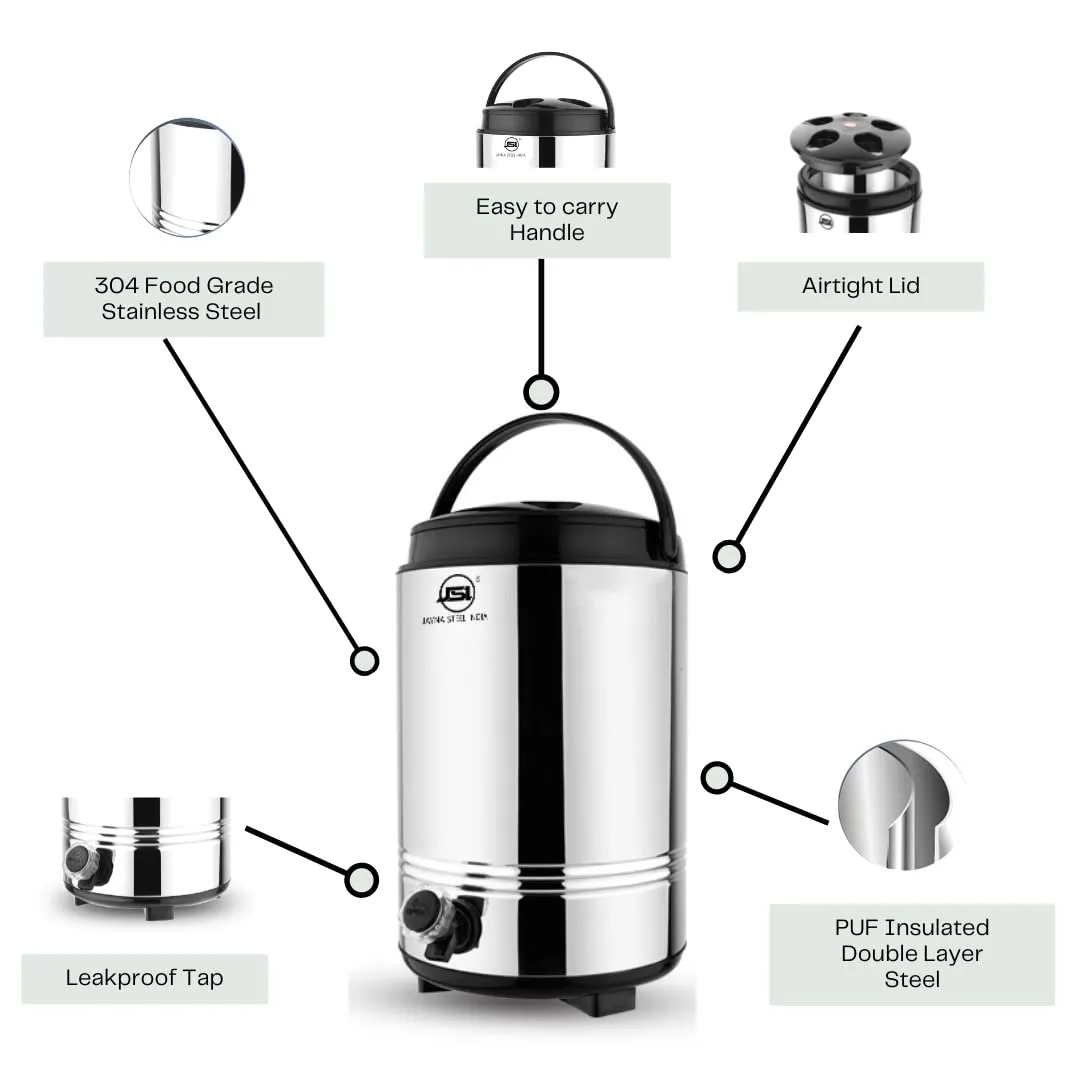 JSI PUF Insulated Water Jug/Container with Easy to Carry Handle (10 Liter, Silver-Black) Hot and Cold Upto 4 to 5 Hrs - Double Walled Steel & 100% Food Safe - Highly Durable & Sturdy Base - BPA Free