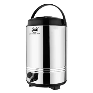 JSI PUF Insulated Water Jug/Container with Easy to Carry Handle (10 Liter, Silver-Black) Hot and Cold Upto 4 to 5 Hrs - Double Walled Steel & 100% Food Safe - Highly Durable & Sturdy Base - BPA Free