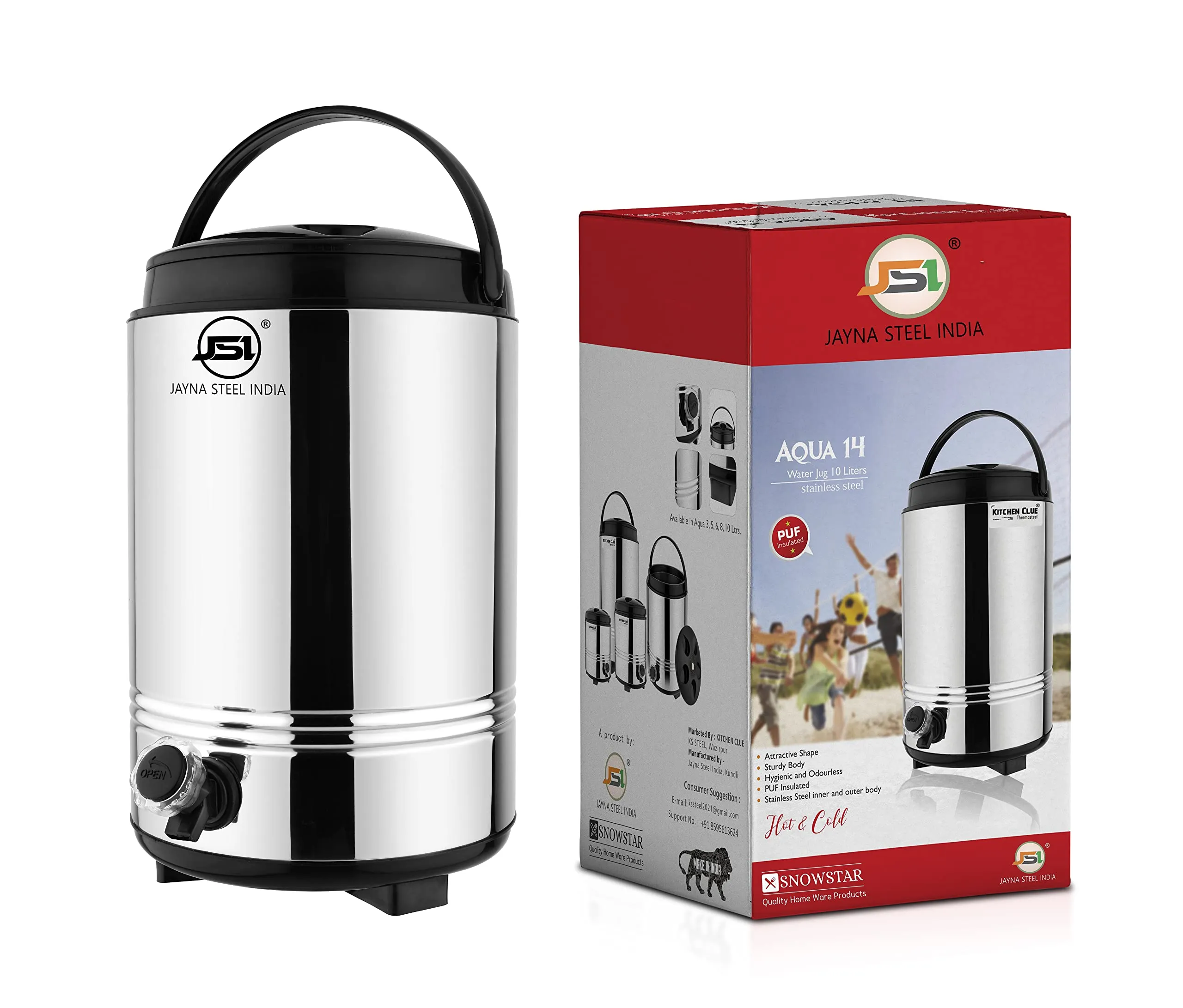 JSI PUF Insulated Water/Tea Jug 10 Liters, PUF Insulated Stainless Steel Water Camper for Office School Kitchen Restaurant I Hot & Cold Upto 4-5 Hours I Keeps Beverages Fresh I BPA Free