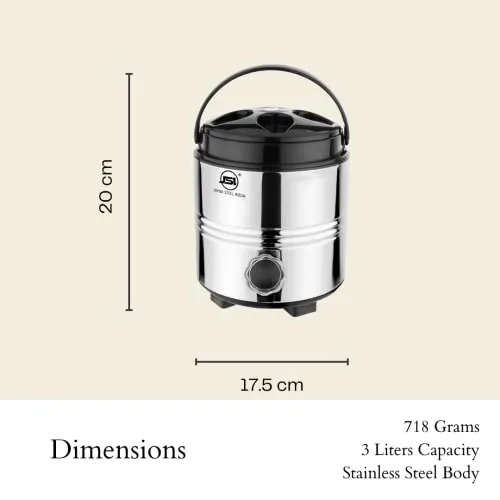 JSI Stainless Steel Hot and Cold Water Jug 3 Liters, Silver - Double Walled PUF Insulated Steel Body With Easy To Carry Plastic Handle - Durable & Food Safe - Keeps Beverages Fresh, Hot N Cold For hrs