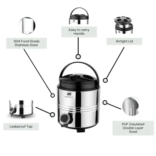 JSI Stainless Steel Hot and Cold Water Jug 3 Liters, Silver - Double Walled PUF Insulated Steel Body With Easy To Carry Plastic Handle - Durable & Food Safe - Keeps Beverages Fresh, Hot N Cold For hrs