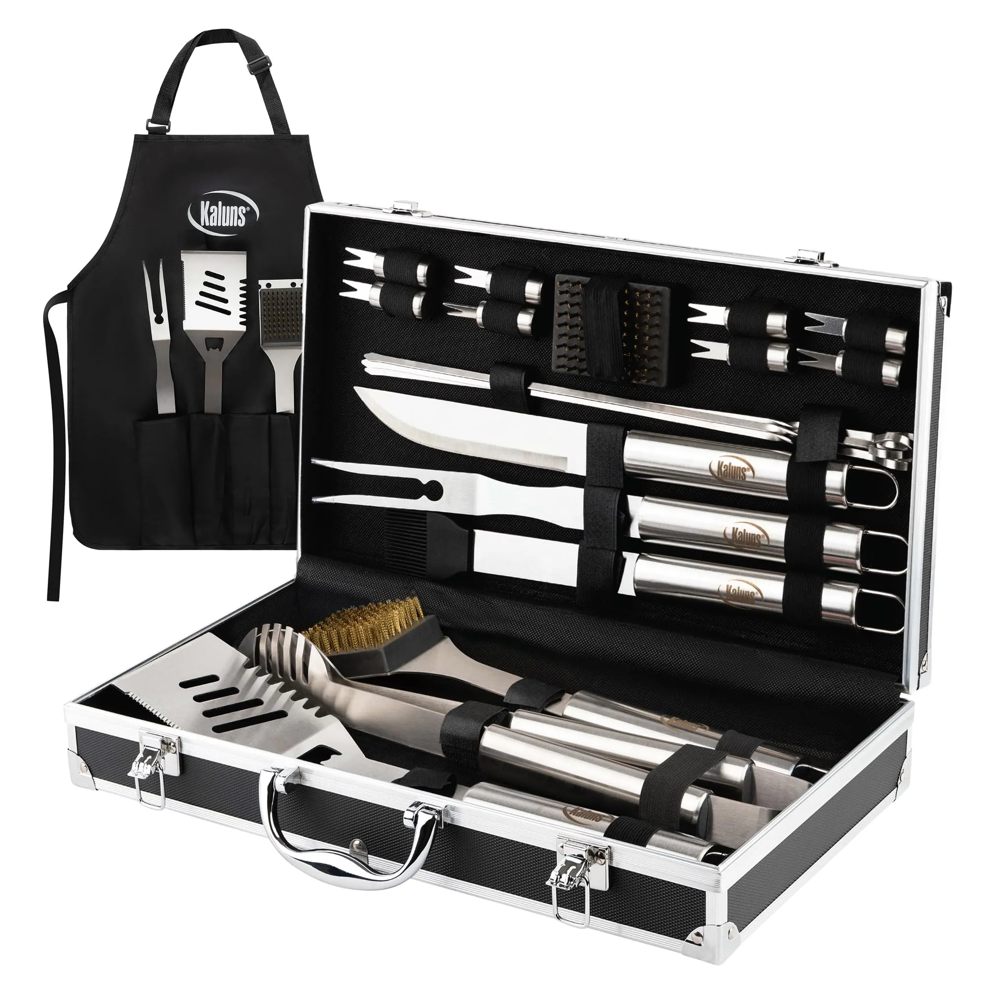 Kaluns Grilling Accessories, Dad Gifts for Fathers Day Grilling Gifts, Heavy Duty Stainless Steel BBQ Grill Tools Set for Outdoor Grill with Aluminum Case and Apron, Dad Birthday Gifts for Men Husband