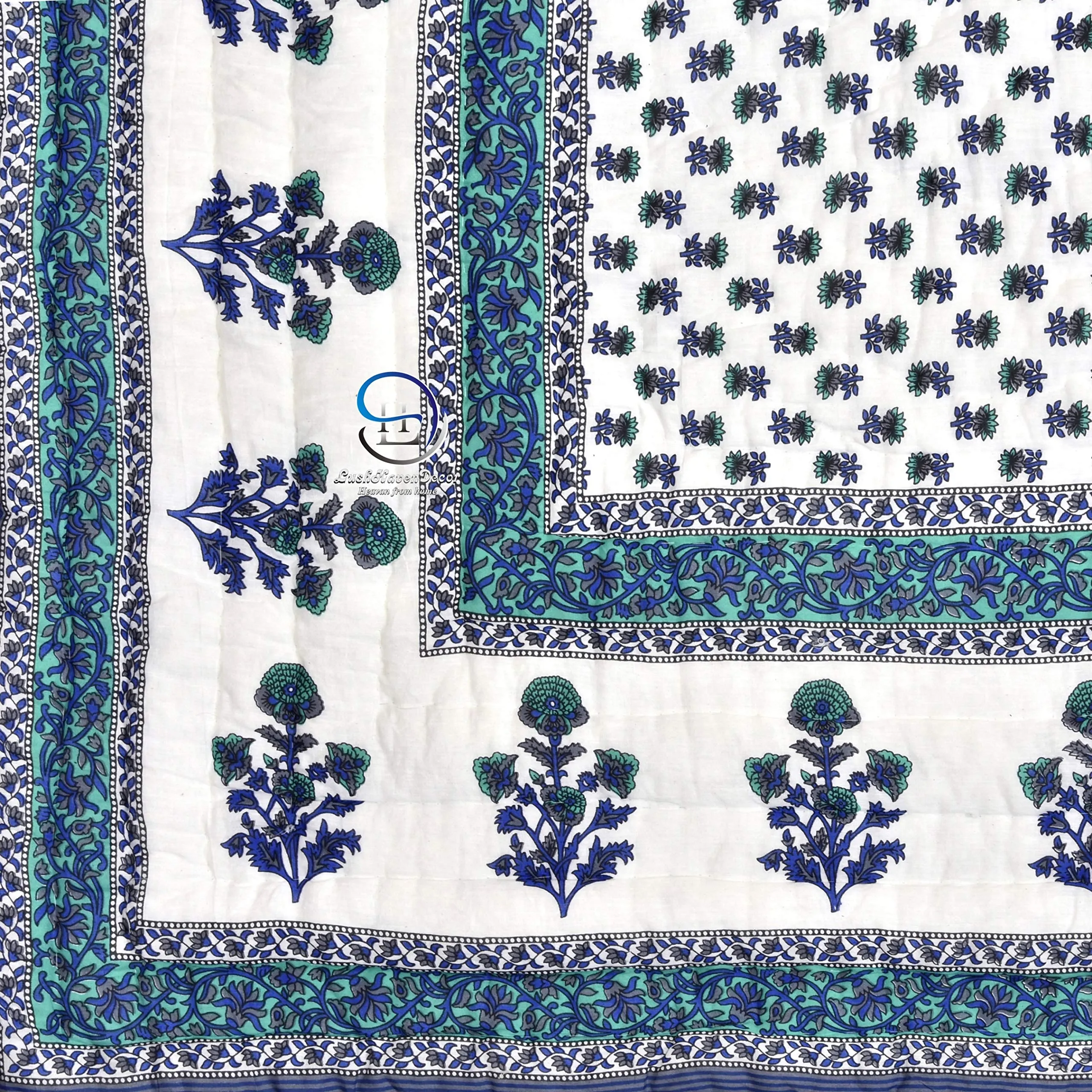 LushHavenDecor 300 TC Cotton Hand Made Sanganeri Print Jaipuri Rajai AC Quilt Razai, Single Bed Reversible Blue Booti Flower Design, 55x85 inch, Both Sided - Blue Set of 2