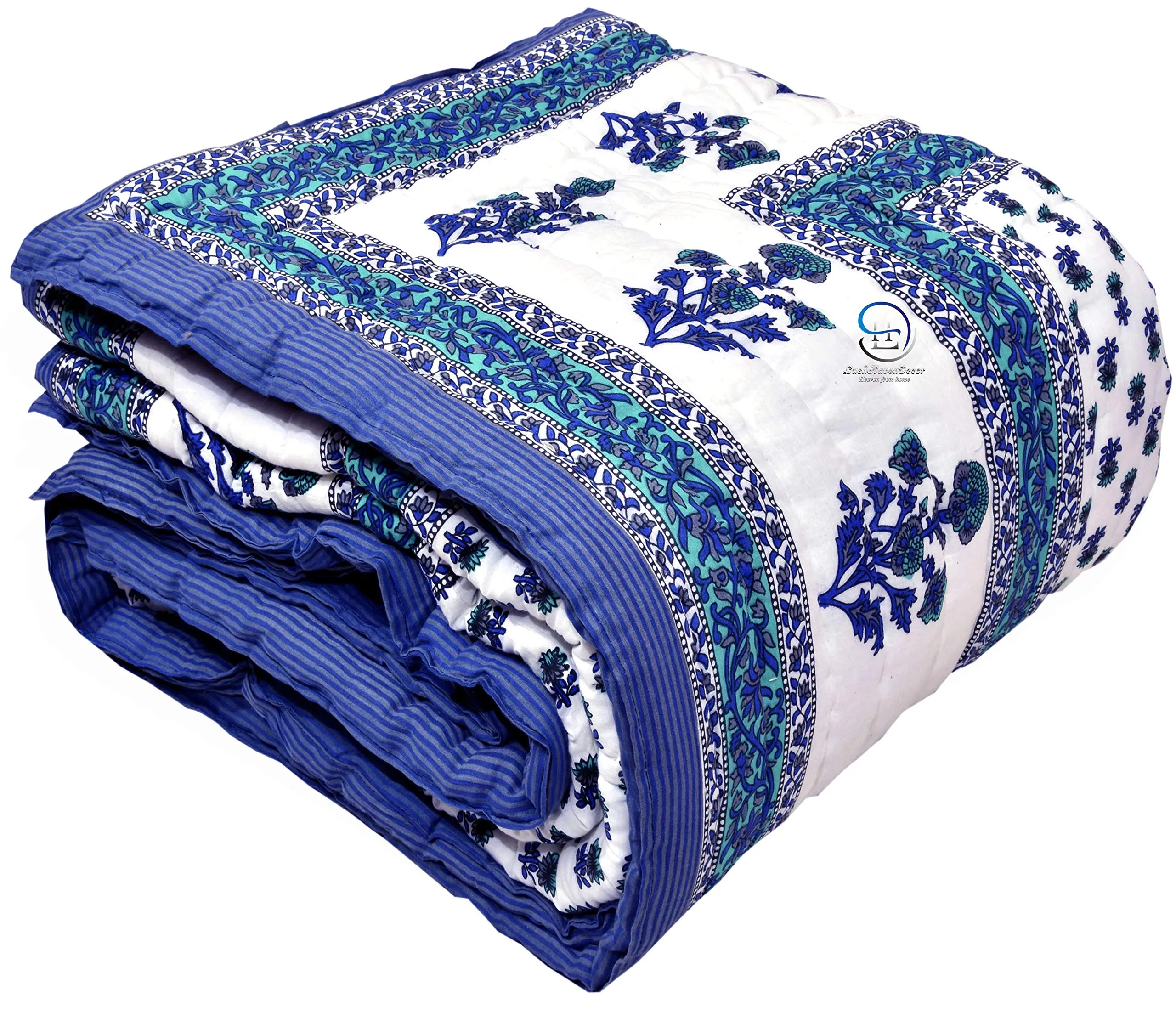LushHavenDecor 300 TC Cotton Hand Made Sanganeri Print Jaipuri Rajai AC Quilt Razai, Single Bed Reversible Blue Booti Flower Design, 55x85 inch, Both Sided - Blue Set of 2